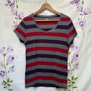 Tommy Hilfiger Gray Red And Purple Striped V Neck Short Sleeve T Shirt